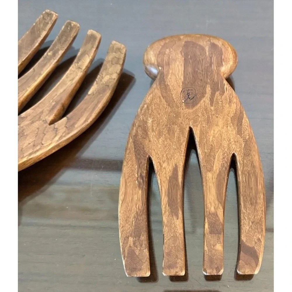 Vintage MCM Wood Salad Hands Tongs Tosses Wooden
